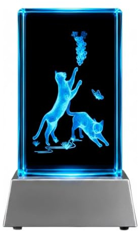 Kaltner Präsente Katzen Geschenk – LED Stimmungslicht Katze aus Kristall Glasblock mit 3D Lasergravur | Deko Nachtlicht & LED Kerze mit Farbwechsel | Geschenkidee für Katzenliebhaber