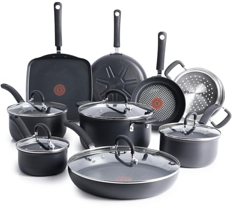 T-fal Ultimate Hard Anodized Nonstick Pots and Pans Set 14 Piece, Oven Broiler Safe 400F, Kitchen Cooking Set w/Fry Pans, Saucepans, Griddle, Dutch Oven, Dishwasher Safe, Cookware, Onyx