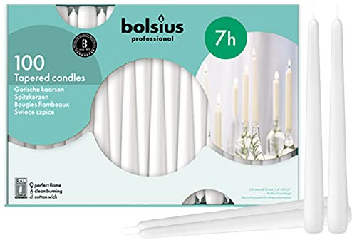 Bolsius Tapered Dinner Candles (Pack of 100), White, Length: 25.4 cm/10 inch, Wax Candles, Tabletop Restaurant Candles, Romantic Dining, P960