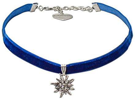 Alpenflüstern Trachten-Samt-Kropfband Strass-Edelweiß klein - Trachtenkette enganliegend, Kropfkette elastisch, Damen-Trachtenschmuck, Samtkropfband schmal blau DHK099