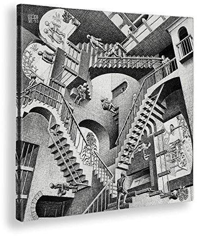 Giallobus - Quadro - Maurits Cornelis Escher - Relativity - Tela Canvas Telaio Standard - 50L x 50l cm - Pronto da appendere - Quadri moderni per la casa