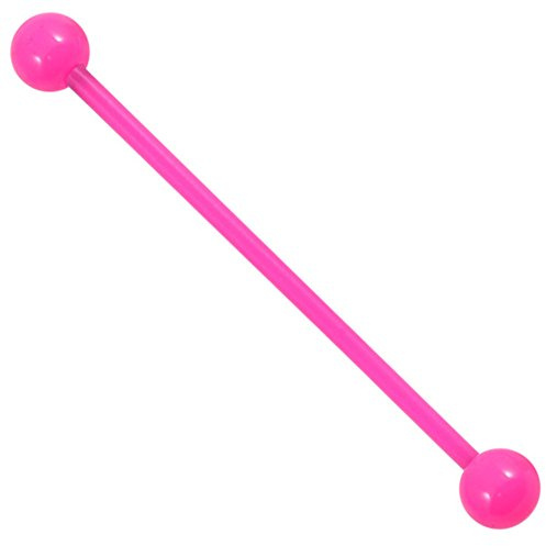 Pink Bioflex Industrial Scaffold Bar with Pink Acrylic Neon Balls. Size 1.6mm Gauge, 36mm Length, 5mm Balls. Barbell Stud Ring. Ear Piercing. TDi Jewellery Sizing Card Included.