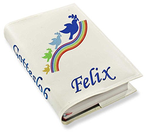 Gotteslob Gotteslobhülle Regenbogen blau Kunstleder mit Namen bestickt weiß (weiß)