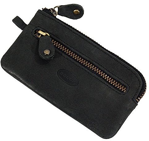 BOCCX sportliche Vintages-Leder Schlüsseltasche Schlüsseletui mit Metallreißverschluss, Schlüsselmappe Schlüssel Etui 40007 (Schwarz-Anthrazit)