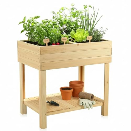 Melko Hochbeet Pflanzkasten Frühbeet Holz mit 4 Fächern 80x60x80 cm Braun | rückenschonende Arbeitshöhe, schützendes Innenmaterial, Ablage für Töpfe und Gießkanne, für Balkon, Terrasse und Garten