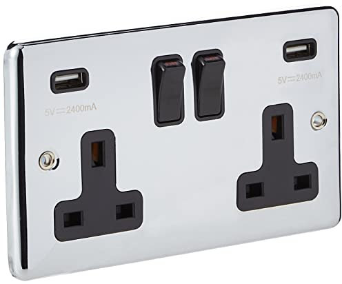 AET CPC2GUSBBL 2 Gang 13 A Double Plug Classical Chrome Polished Socket with USB Charging Ports and Black Insert Plastic Rocker Switch