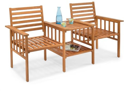 VonHaus Garden Love Seat, Acacia Hardwood Jack & Jill Loveseat, Cannes | 2 Seater Tete a Tete, Water-resistant Teak Oil Finish, Parasol Hole with 2 Tier Table, For Outdoor, Patio & Terrace