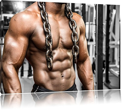 Pixxprint Muskelpaket mit Kette B&W, Größe: 120x80cm, Leinwandbild, fertig gespannt, Wandbild, Dekoration, Kunstdruck, kein Poster