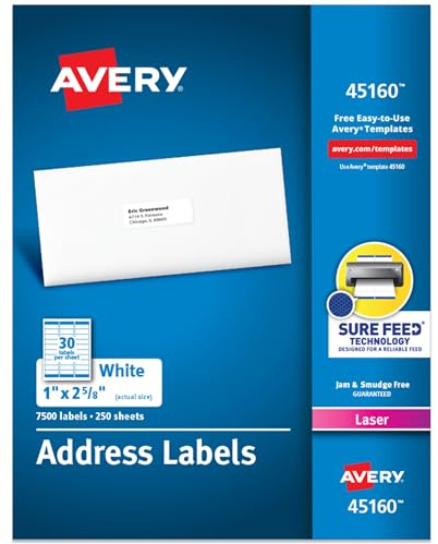 Avery Easy Peel Printable Address Labels, Sure Feed Technology, 1 x 2-5/8 Customizable Stickers, White, 7,500 Blank Mailing Labels, Great for Mailing, Shipping, and More (45160)