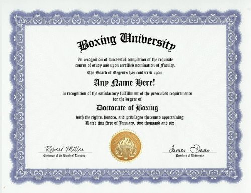 Boxing Boxer Degree: Custom Gag Diploma Doctorate Certificate (Funny Customized Joke Gift - Novelty Item)