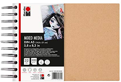 Marabu 1612000000200 - Ringbuch Mixed Media, 300 g/qm, 32 Blatt, DIN A5, weiß, Papier fein gekörnt, säurefrei, lichtbeständig, für Techniken mit hohem Farbanteil, hochwertige Ringbindung