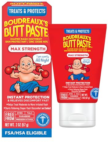 Boudreaux’s Butt Paste Max Strength Diaper Rash Cream for Baby, Ointment With Zinc Oxide, 2 oz Tube
