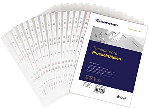 Soennecken prospektskal DIN A4, Plastfickor, öppen ovansida, 11 x hål, dokumentätt, 0,11 mm, polypropylen, transparent, standararvet, 50 st/förpackning.