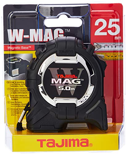 TAJIMA W-MAG Bandmass 5m mit 25mm Breite,Magnetschiene und magnetischem Endhaken, gut lesbare Skalierung auf Vorder- und Rückseite