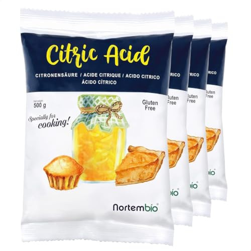 Nortembio Zitronensäure 4 x 500 g – Lebensmittelqualität – 100% reines Pulver ohne Gentechnik – Vielseitiges Säuerungsmittel zum Backen, Konservieren & Käseherstellung – Inkl. E-Book