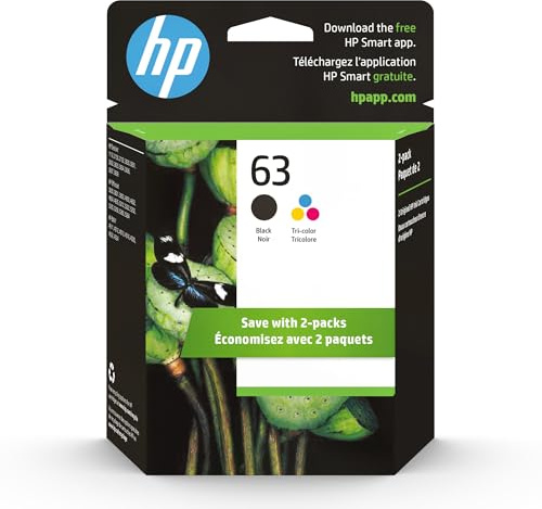 HP 63 Black, Tri-Color Ink Cartridge Printers (2-Pack), Works with DeskJet 1112, 2130, 3630 Series; Envy 4510, 4520; OfficeJet 3830, 4650, 5200, Eligible for Instant Ink, L0R46AN