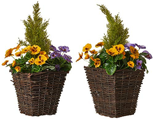 GreenBrokers Lot de 2 Pots de Fleurs artificiels en rotin avec pensées artificielles Violettes et Jaunes et conifères/cèdre, idéal pour la Maison, la terrasse, Le Jardin, la Vie en Plein air, 60 cm