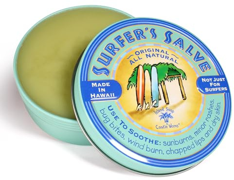 Island Soap & Candle Works Surfer's Salve - All Natural Skin Soothing Balm - Moisturizing Anti-Chafing Ointment for Insect Bites, Sunburn, Windburn, Chapped Lips, Rashes & New Tattoos - 4 Ounce