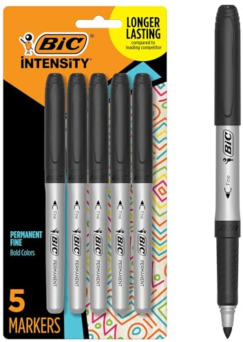 BIC Intensity Black Permanent Markers, Fine Point, 5-Count Pack of Black Markers With Non-Slip Grip for Comfort and Control
