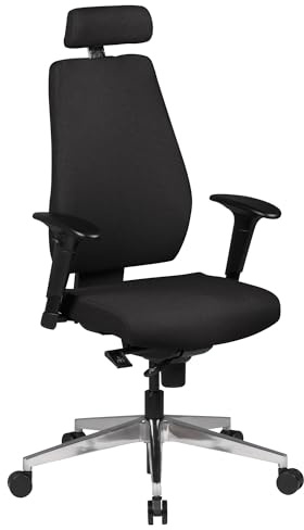 FineBuy Bürostuhl FB41700 Schreibtischstuhl Stoff Schwarz Chefsessel Modern, Drehstuhl mit Synchronmechanik, Arbeitsstuhl mit Kopfstütze 120kg, Bürosessel Höhenverstellbar Wippfunktion mit Armlehne