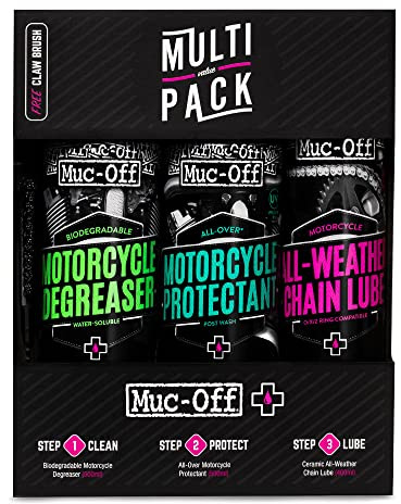 Muc-Off Motorrad Multi-Pack – Basis-Kit für Motorrad Zubehör für Motorrad Reinigung und Pflege – Motorrad Pflegeset mit Entfetter, Schutzmittel, Kettenöl und Klauenbürste