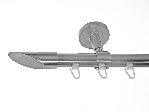 BASIT Gardinenstange Innenlauf Edelstahllook 20mm 1-läufig Decke 120cm D30 | Gardinenstangenset einläufig Deckenmontage Metall Vorhangstange Deckenhalterung 120-600cm wählbar Kappe Schräge E32
