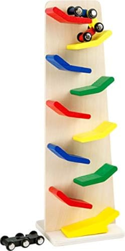 small foot Kaskadenturm „Zip-Zap“ aus Holz, 2 Holzfahrzeuge mit 2 Gliedern sorgen für eine rasante Abfahrt, 7871