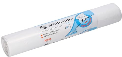 DEISS UNIVERSAL PLUS Müllbeutel weiß, 80 Liter, 50 Stück/Rolle, reißfest | Ideal für leichte Abfälle im Büro, Haushalt & Sanitärbereich z.B. für Handtuchpapier, Knüllpapier & Abfälle im Sanitärbereich
