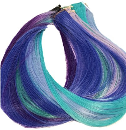 Prettyland - GHW08 bunte Strähnen multifarbig Extension Set 12-teilig Haarteil Clip-In glatt - Lila Blau Grün Set 2