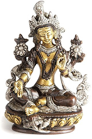 TEMPELWELT Deko Figur Grüne Tara auf Lotusthron 14 cm, Messing massiv dreifarbig, Tibet Dölma Statue Shyama-Tara weiblicher Buddha