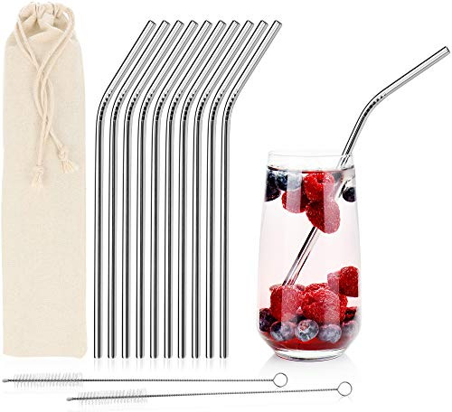 com-four® 10x Strohhalm aus Edelstahl, Trinkhalme, rostfrei, Strohhalm mit Reinigungsbürste, wiederverwendbar - 21,5 cm (Edelstahl gebogen - 10 Stück)