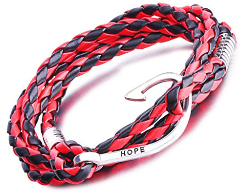 Unendlich U Punk Hope Angelhaken Damen Herren Charm Armband Geflochten Leder Legierung Wickelarmband Multilayer Armreifen, Rot+Schwarz