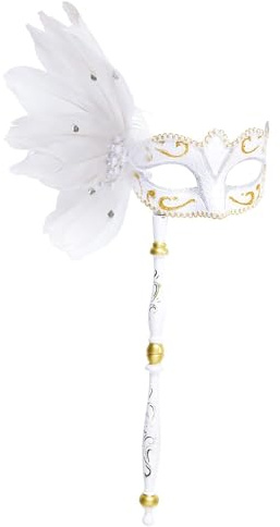 W WIDMANN MILANO Party Fashion - Venezianische Augenmaske | Mit Stab, Federn und Gold-/Silberdekor für Maskenball, Karneval und Mottoparty
