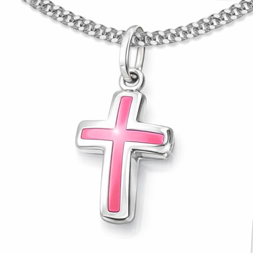 CLEVER SCHMUCK Kreuzkette für Mädchen Silber Kreuz 12 mm rosa lackiert & Panzerkette 38 cm 925 Sterling Silber im Etui rosa