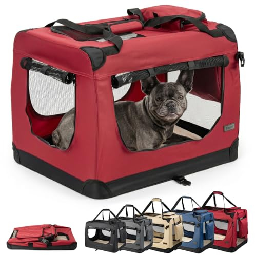 lionto Transportbur vikbar för resa & bil, 70x52x50 cm, stabil bur med bärhandtag & filt för katter & hundar upp till 15 kg, robust tygbur för små & stora husdjur, mörkröd