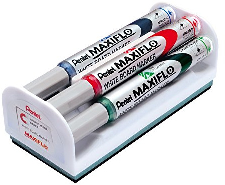 Pentel MWL5S Maxiflo Marcatore per lavagne bianche con cancellino magnetico punta 4.0 mm, 4 pezzi nero/rosso/blu/verde