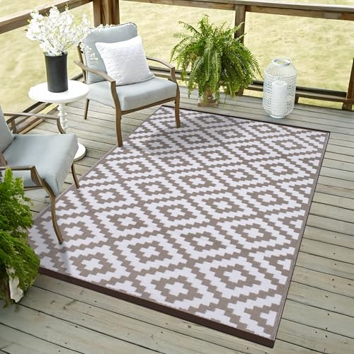 Green Decore Reversible Recycled Plastic Outdoor Rug | Perfect for Garden, Patio, Picnic, Decking | Stain And Water Resistant | Nirvana Taupe/White 120x180 cm