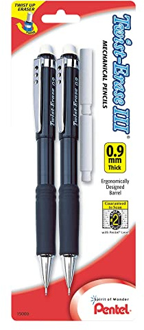 Pentel Twist-Erase III Mechanical Pencil, (0.9mm), Assorted Barrel Colors with 2 Eraser Refills, Pack of 2 (QE519BP2-K6)