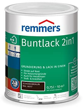 Remmers Buntlack 2in1 schokobraun (RAL 8017), 0,75 Liter, Buntlack für Holz, Eisen, Stahl, inkl. Grundierung und Rostschutz, innen und außen