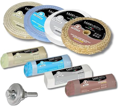 Lux Metal - Kit 4 Disques de Polissage de 150 mm et 4 Pâtes Abrasives de 250 gr - Parfaits pour polir des métaux tels que l'aluminium, le fer, l'acier inoxydable, le laiton, le cuivre, l'or, le marbre