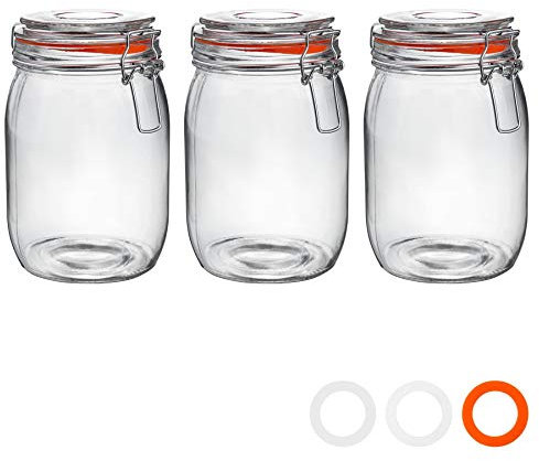 Argon Tableware Glass Jars with Airtight Metal Clip Lid - 1000ml/33.8oz - 3 Pack - 4 Colour Seals - Large Kitchen Storage Container Round Preserving Jar for Pickling, Chutney, Jam, Coffee