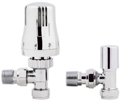 iBathUK | Thermostatic Chrome Angled Towel Radiator Valves TRV 15mm Central Heating Taps RA07A