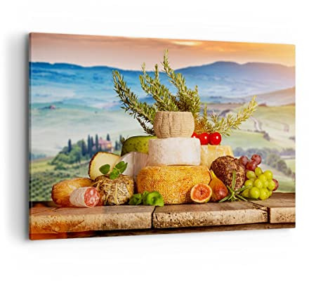 ARTTOR Bilder auf Leinwand 120x80cm Wandbild Küche - 2902 | Toskana Käse Obst Groß XXL Wanddekoration Wohnzimmer Schlafzimmer Küche Wanddeko Wand Kunstdruck Wandkunst Wall Decor ARTTOR