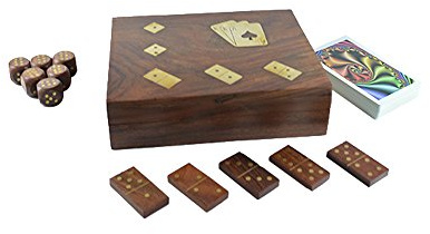 Royal handgjort träspelkort, domino-spel och tärningsbox