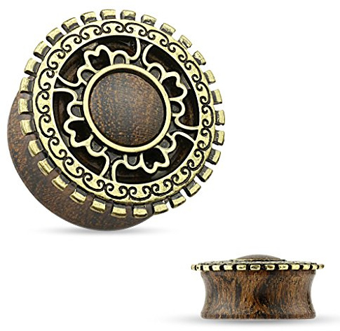 Tapsi´s Coolbodyart® Saddle Plug Holz Organisch Tribal Messing Schild Antik Gold 16mm