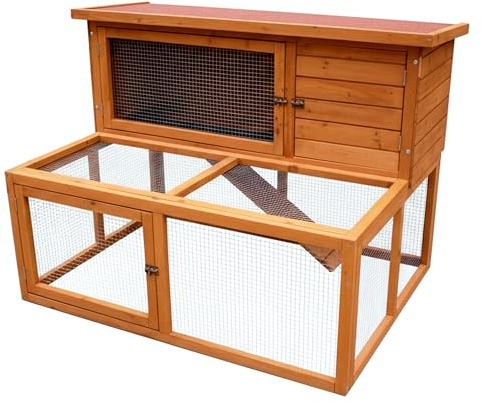 Kaninchenstall Outdoor mit Laufstall | 2-stöckiger Premium Meerschweinchenkäfig und Auslauf | Kleintierheim aus Holz | 126 x 88 x 90 cm