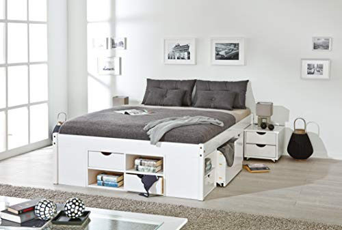 Inter Link - Funktionsbett - Bett mit Schubladen - Doppelbett 160 x 200 cm - 2 Große und 4 kleine Schubladen - Nachtkommode - Kiefer massivholz - Inkl Lattenrost - Weiß lackiert - Till