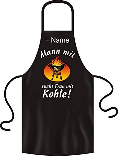 Tini - Shirts Lustige Grillschürze mit ihrem Wunschnamen unisex: Mann mit Grill sucht Frau mit Kohle! schwarze Kochschürze mit Namen !!