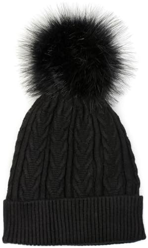 styleBREAKER Damen Feinstrick Bommelmütze mit Zopfmuster, Kunstfell Bommel Mütze, gefütterte Winter Strickmütze 04024100, Farbe:Schwarz