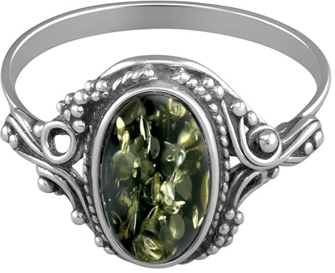 Vintage oval grön baltisk bärnsten sterling silver ring i utsmyckad viktoriansk miljö – bärnstensmycken – storlekar L-R tillgängliga e Silver, P, cod. R6642G-M&M-CME-P-RING